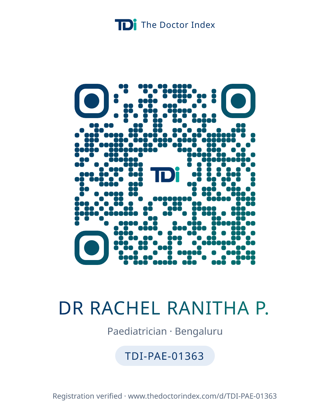 QR card for Dr Rachel Ranitha P., TDI-PAE-01363