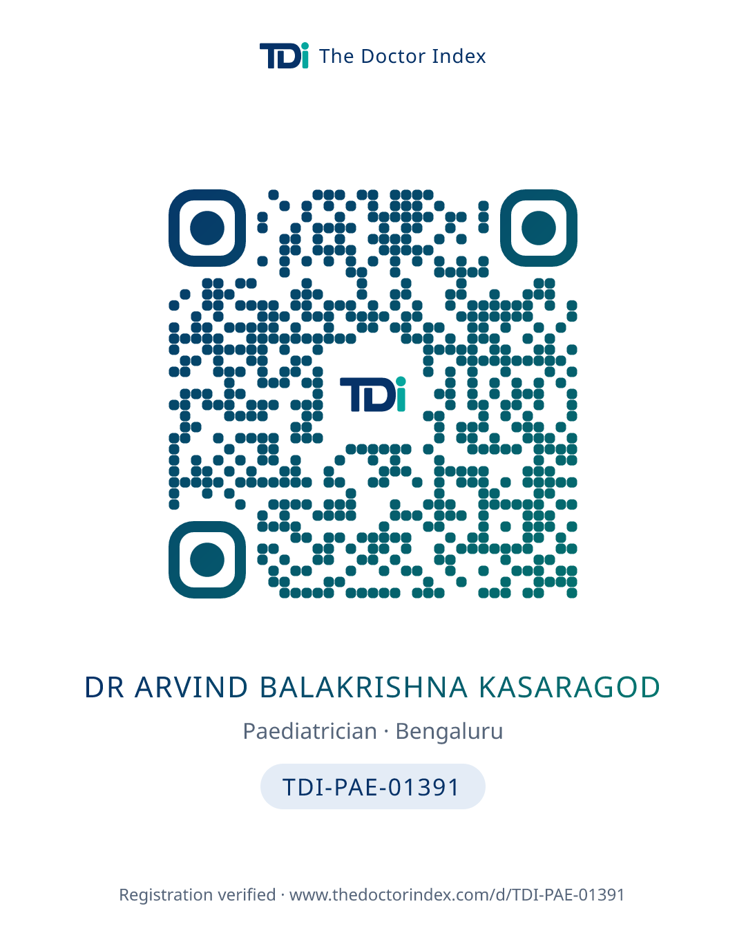 QR card for Dr Arvind Balakrishna Kasaragod, TDI-PAE-01391