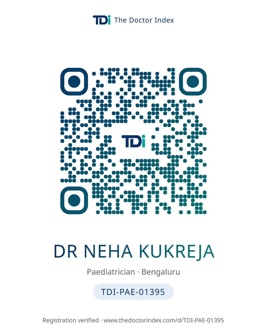 QR card for Dr Neha Kukreja, TDI-PAE-01395