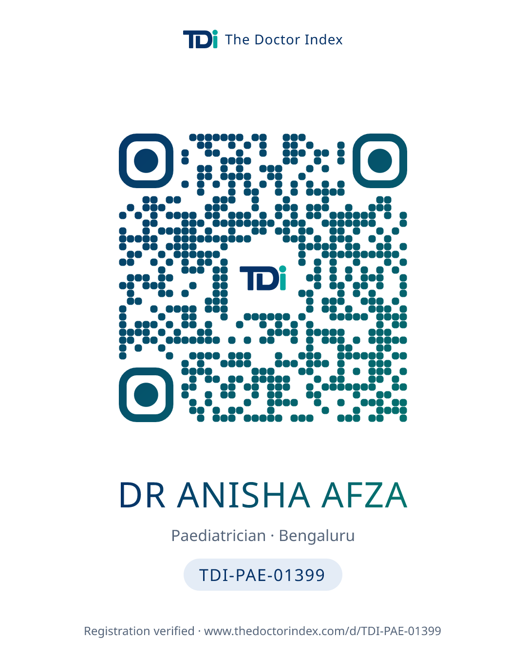 QR card for Dr Anisha Afza, TDI-PAE-01399