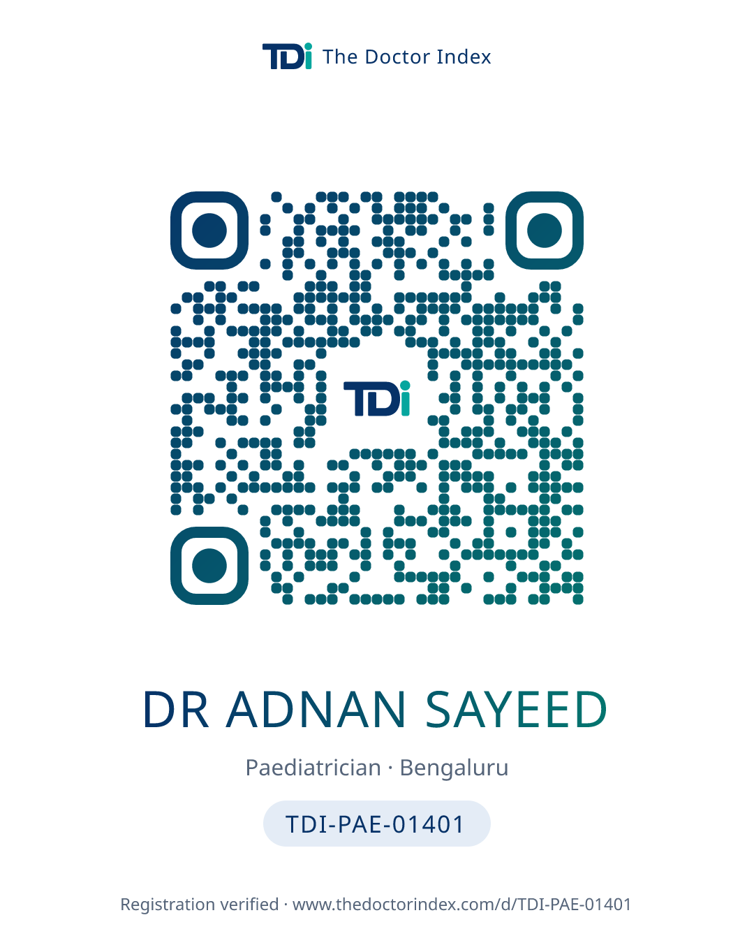 QR card for Dr Adnan Sayeed, TDI-PAE-01401
