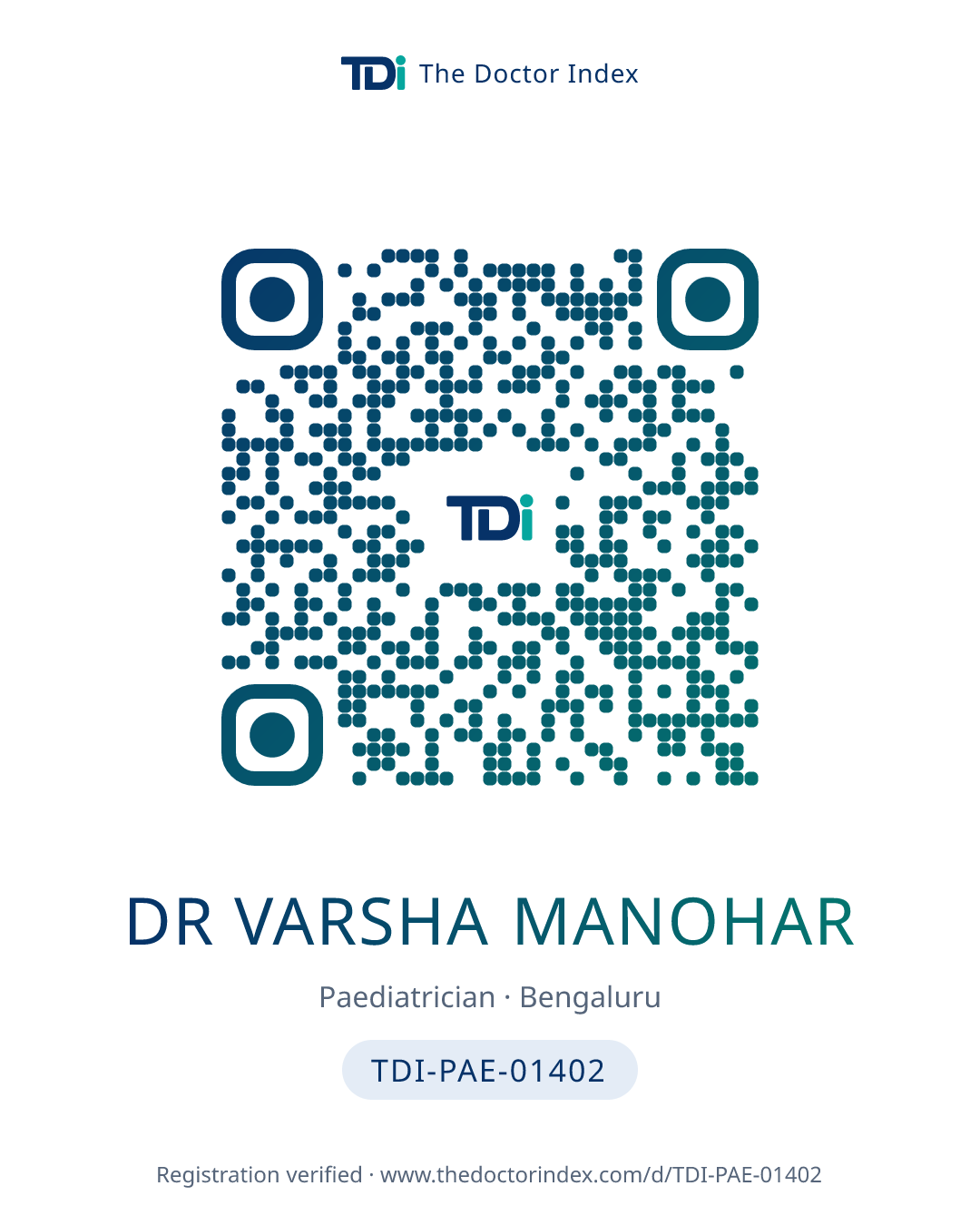 QR card for Dr Varsha Manohar, TDI-PAE-01402