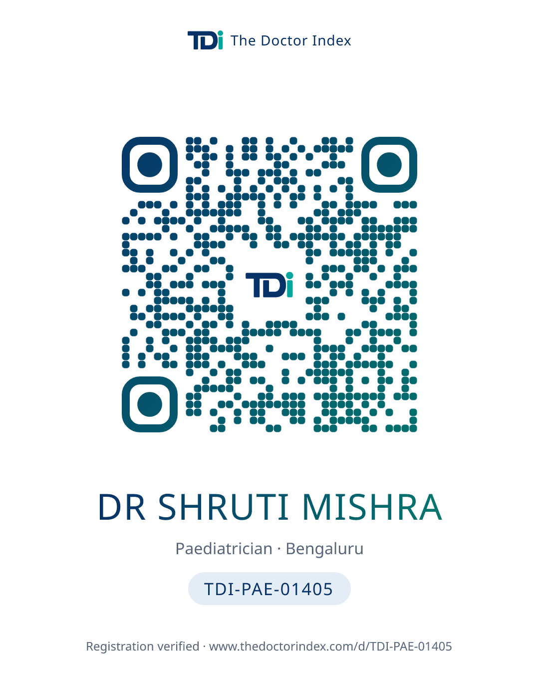 QR card for Dr Shruti Mishra, TDI-PAE-01405