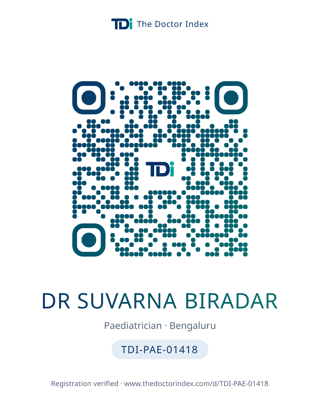 QR card for Dr Suvarna Biradar, TDI-PAE-01418