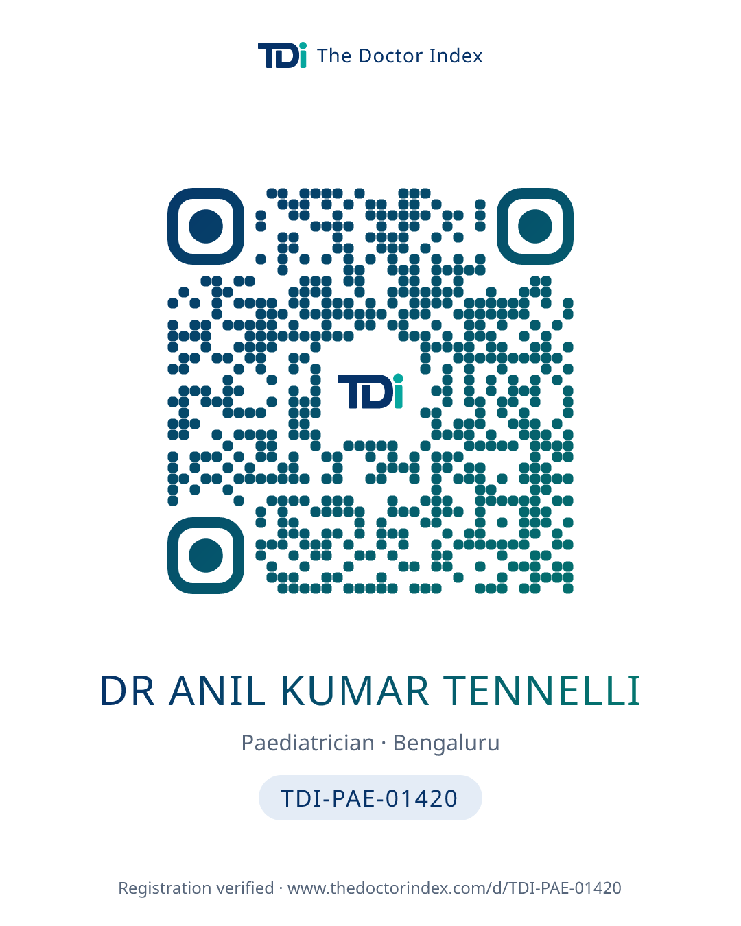 QR card for Dr Anil kumar Tennelli, TDI-PAE-01420