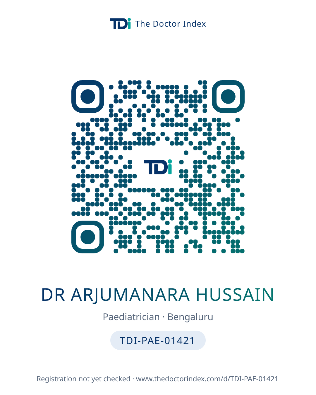 QR card for Dr Arjumanara Hussain, TDI-PAE-01421