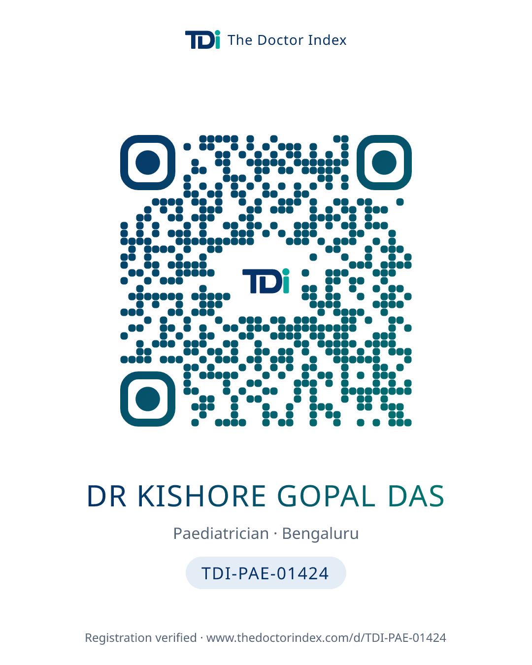 QR card for Dr KISHORE GOPAL DAS, TDI-PAE-01424