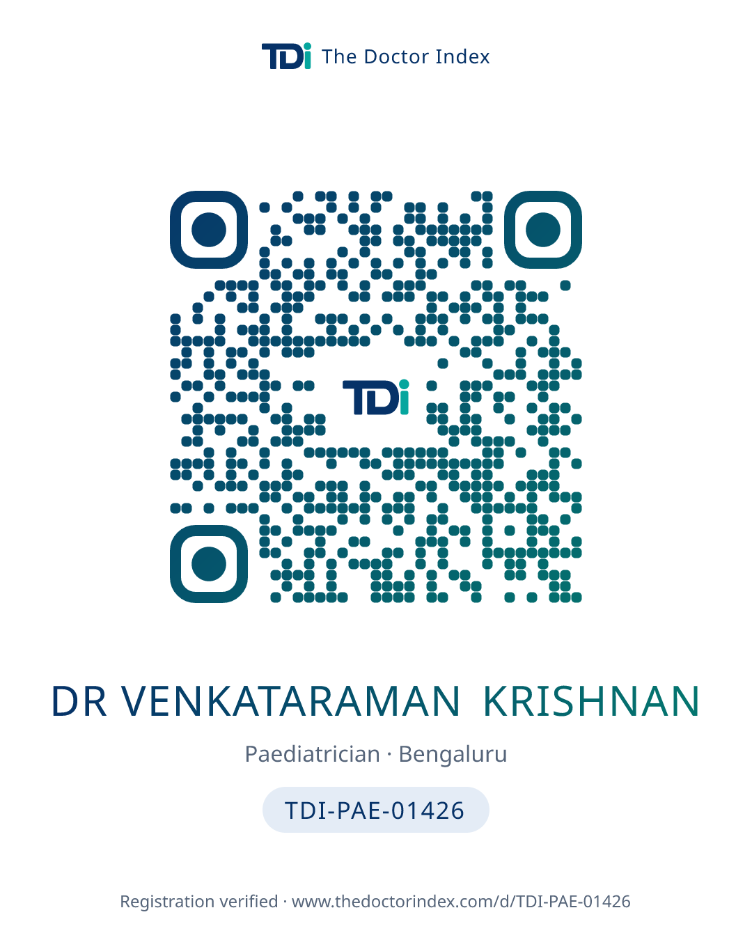 QR card for Dr Venkataraman Krishnan, TDI-PAE-01426