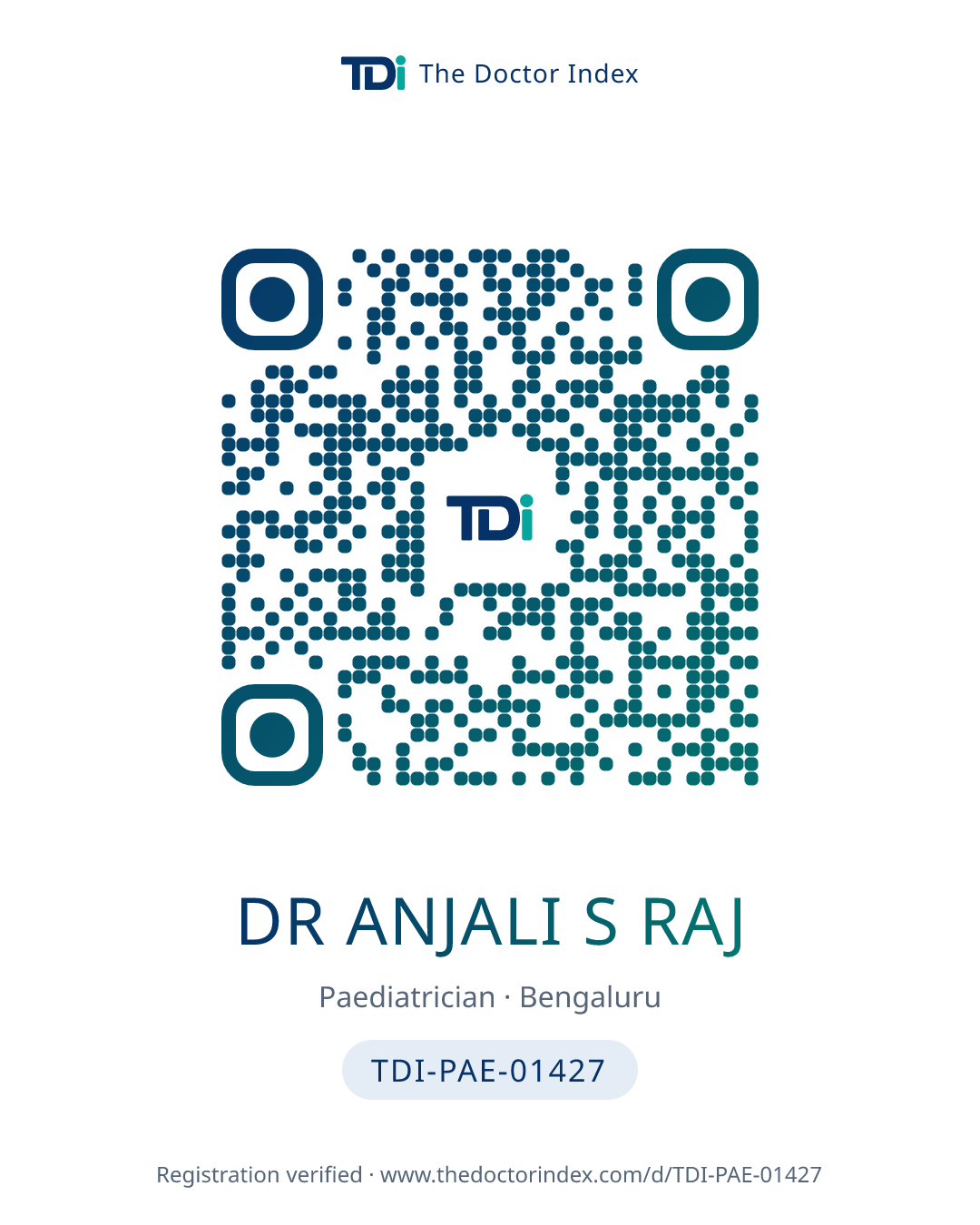 QR card for Dr Anjali S Raj, TDI-PAE-01427
