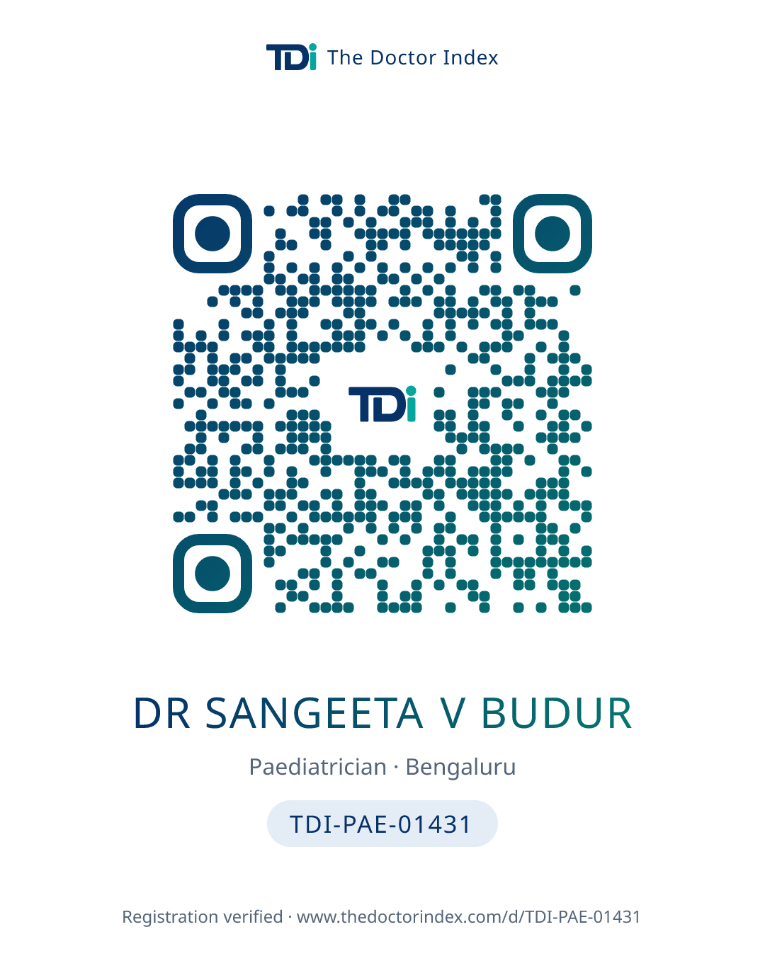 QR card for Dr Sangeeta V Budur, TDI-PAE-01431