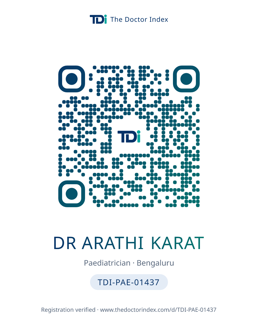 QR card for Dr Arathi Karat, TDI-PAE-01437