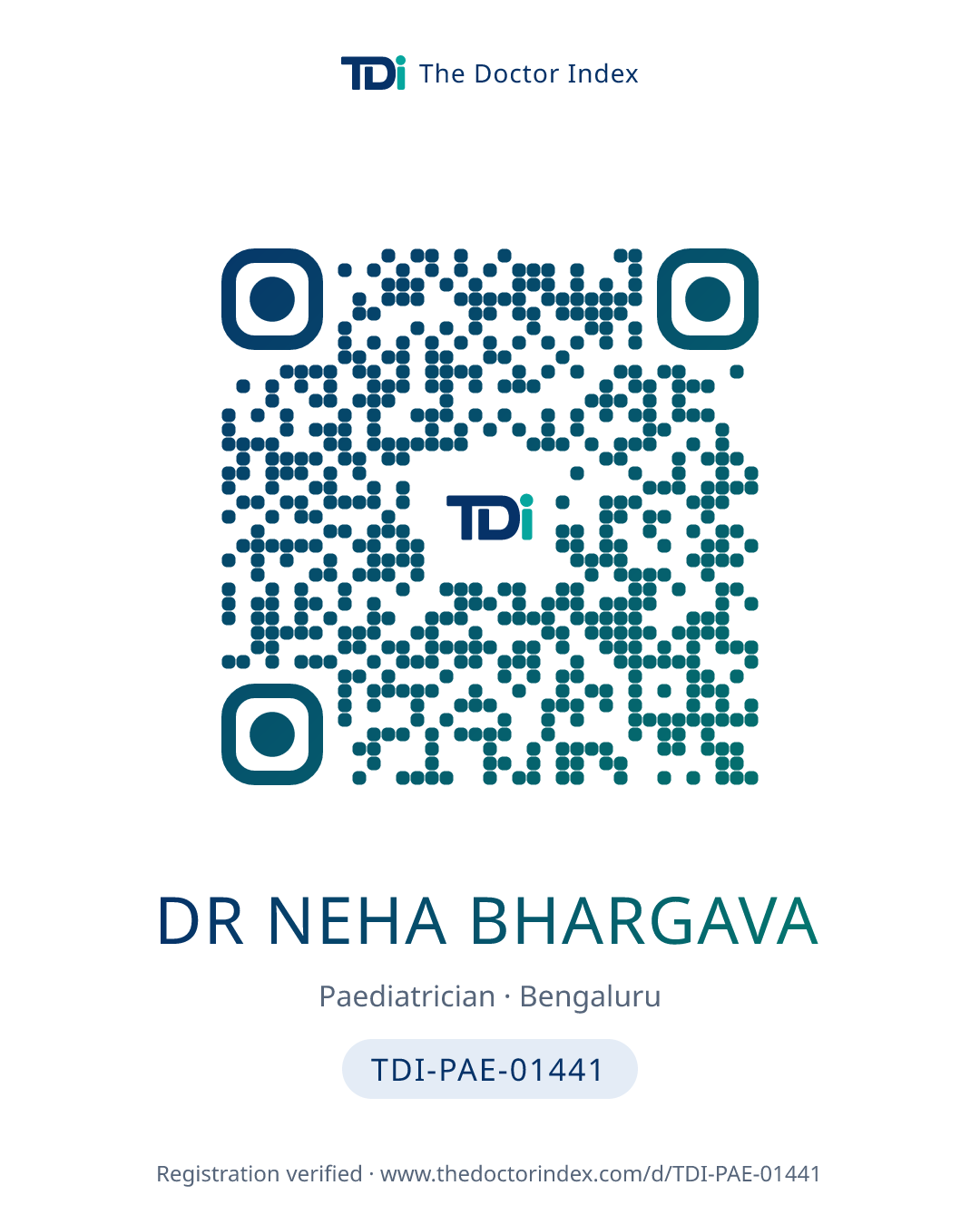 QR card for Dr Neha Bhargava, TDI-PAE-01441