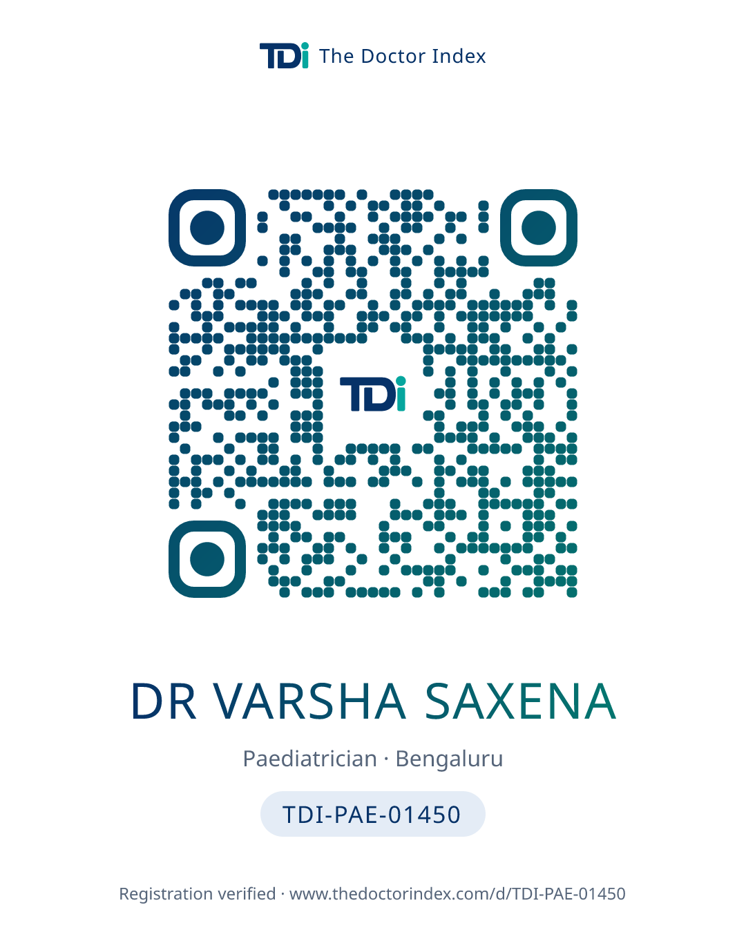 QR card for Dr Varsha Saxena, TDI-PAE-01450
