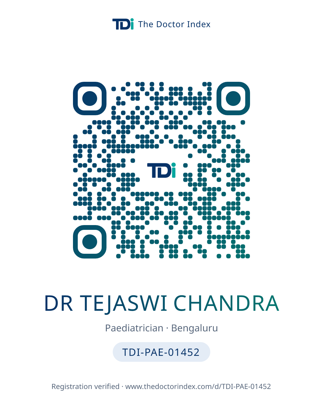 QR card for Dr Tejaswi Chandra, TDI-PAE-01452