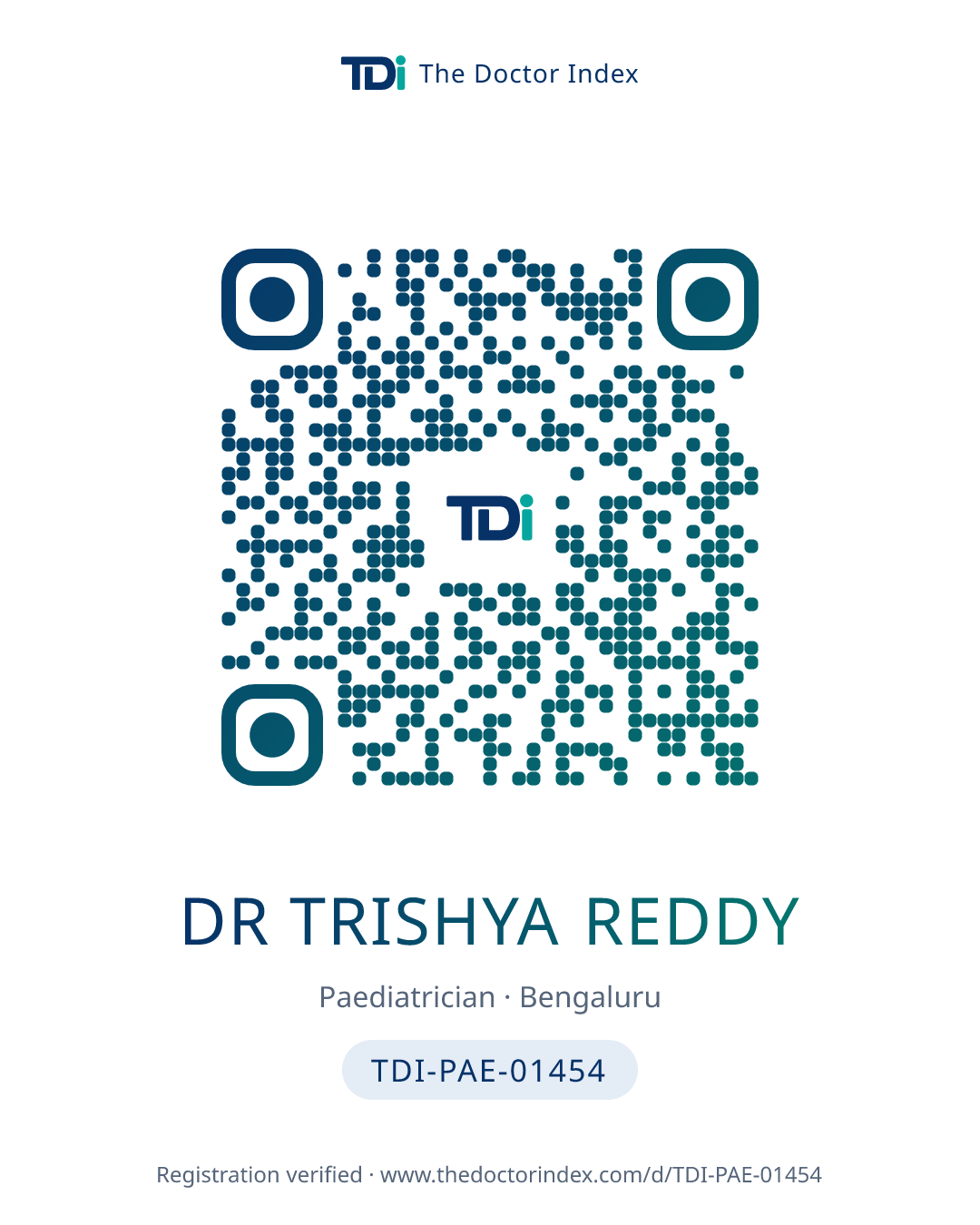 QR card for Dr Trishya Reddy, TDI-PAE-01454