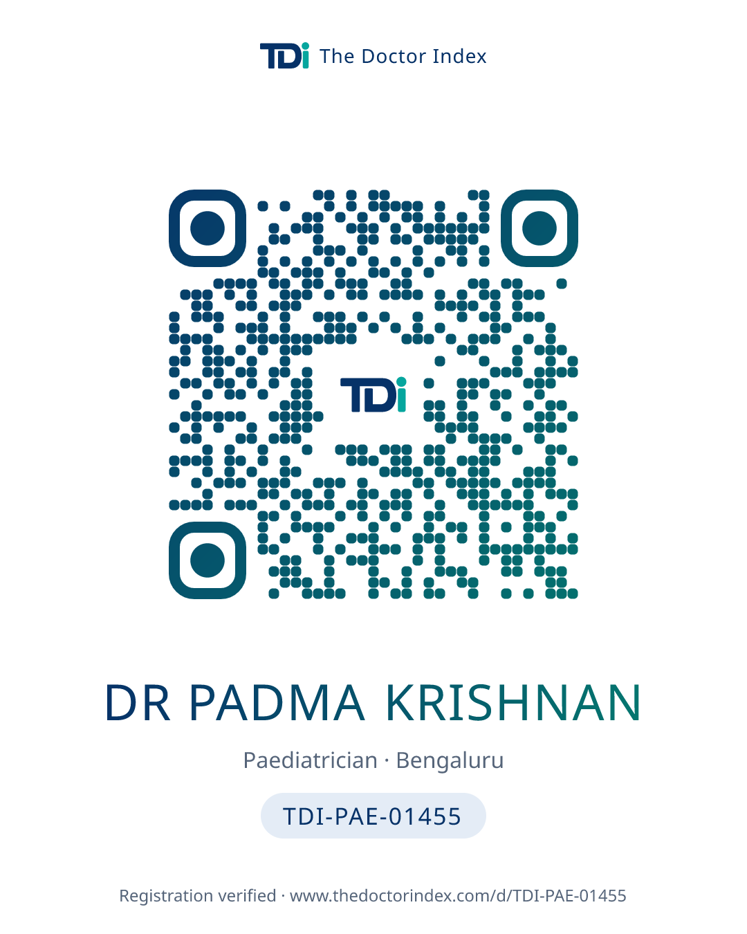 QR card for Dr Padma Krishnan, TDI-PAE-01455