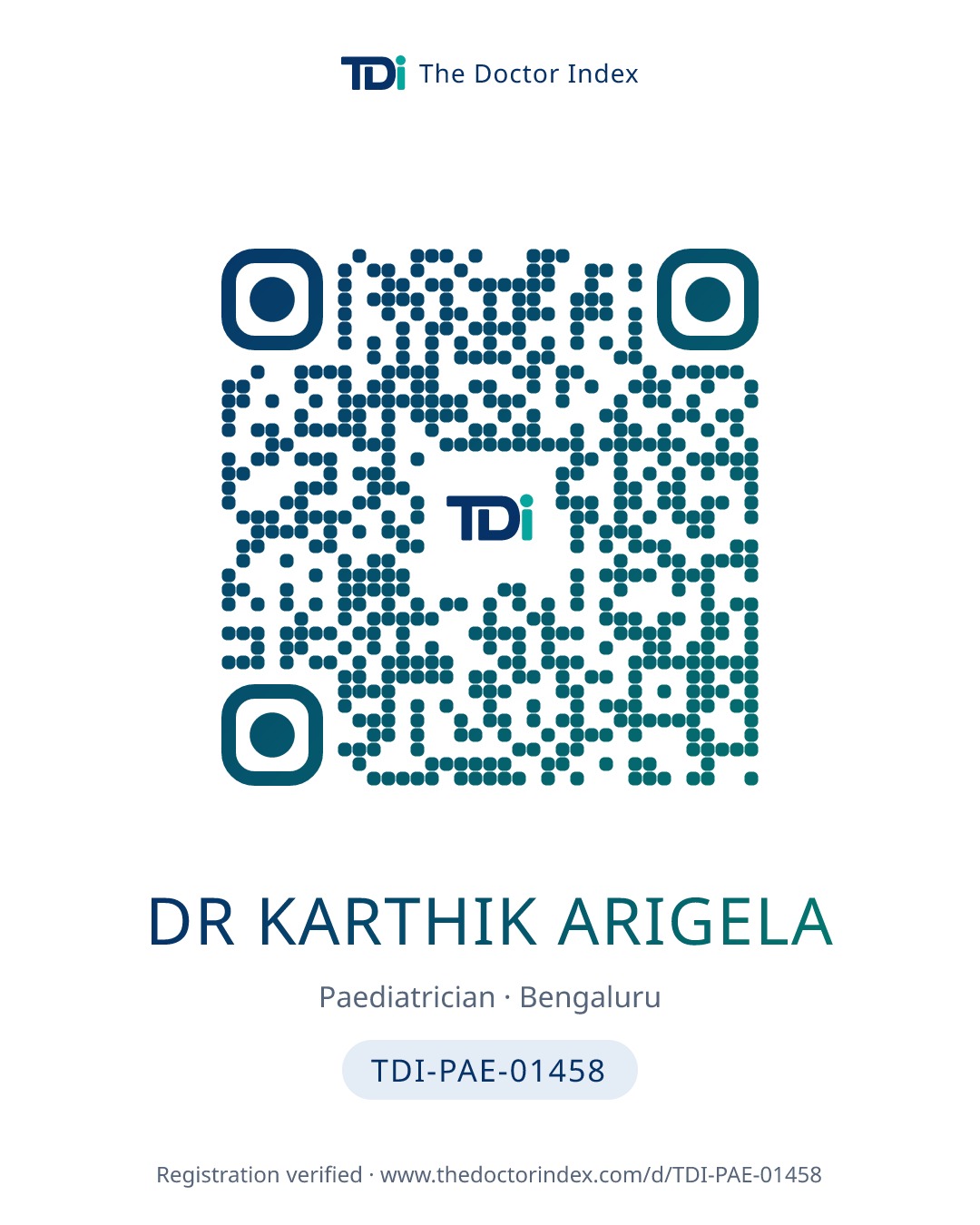 QR card for Dr Karthik Arigela, TDI-PAE-01458