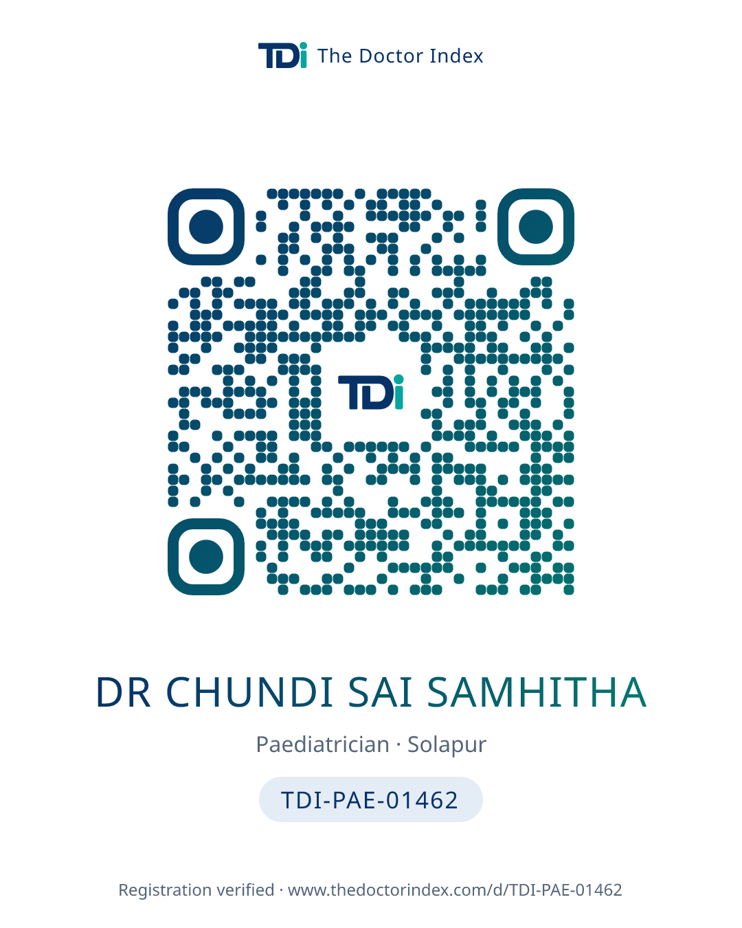 QR card for Dr Chundi Sai Samhitha, TDI-PAE-01462