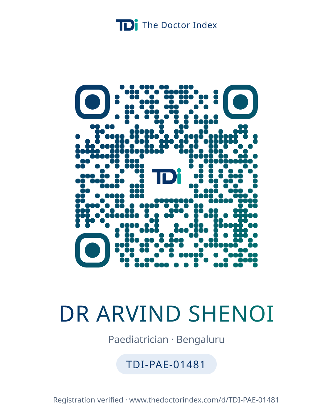 QR card for Dr ARVIND SHENOI, TDI-PAE-01481