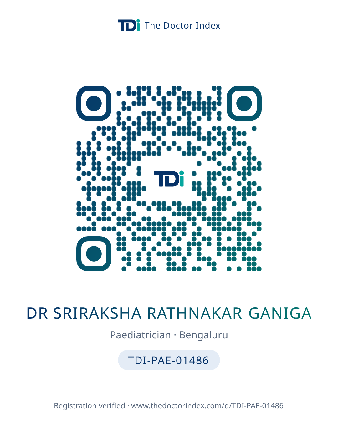 QR card for Dr Sriraksha Rathnakar Ganiga, TDI-PAE-01486