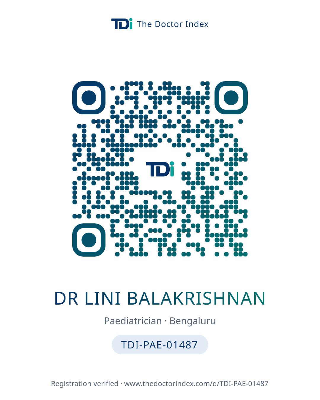 QR card for Dr Lini Balakrishnan, TDI-PAE-01487