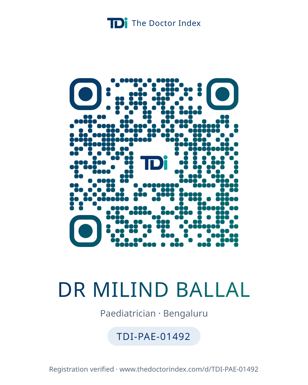 QR card for Dr Milind Ballal, TDI-PAE-01492