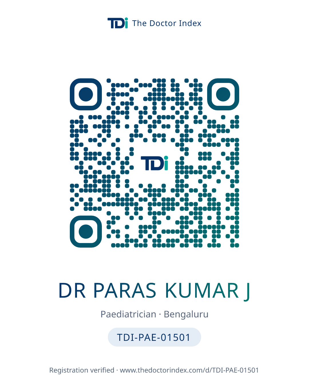 QR card for Dr Paras Kumar J, TDI-PAE-01501