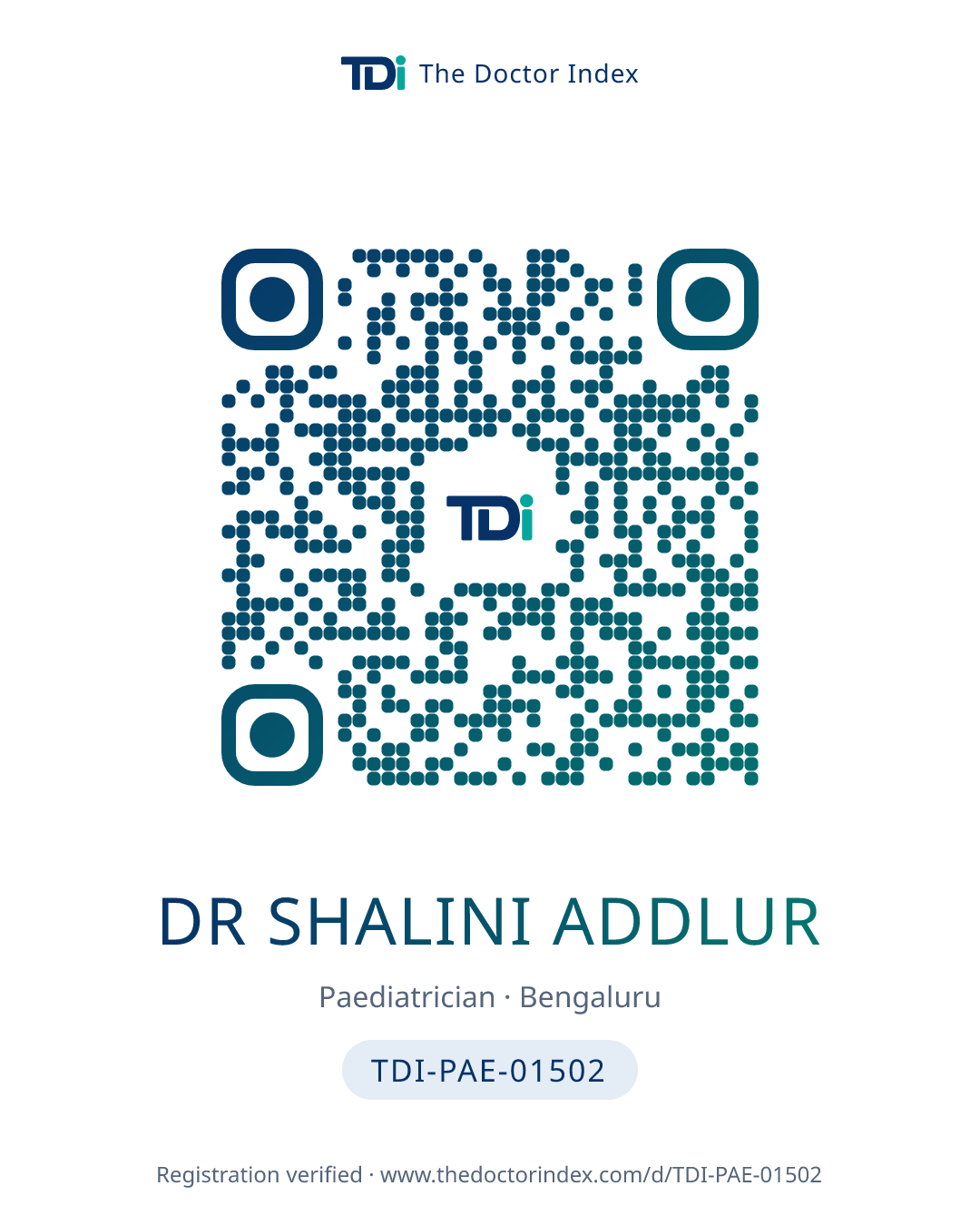 QR card for Dr Shalini Addlur, TDI-PAE-01502