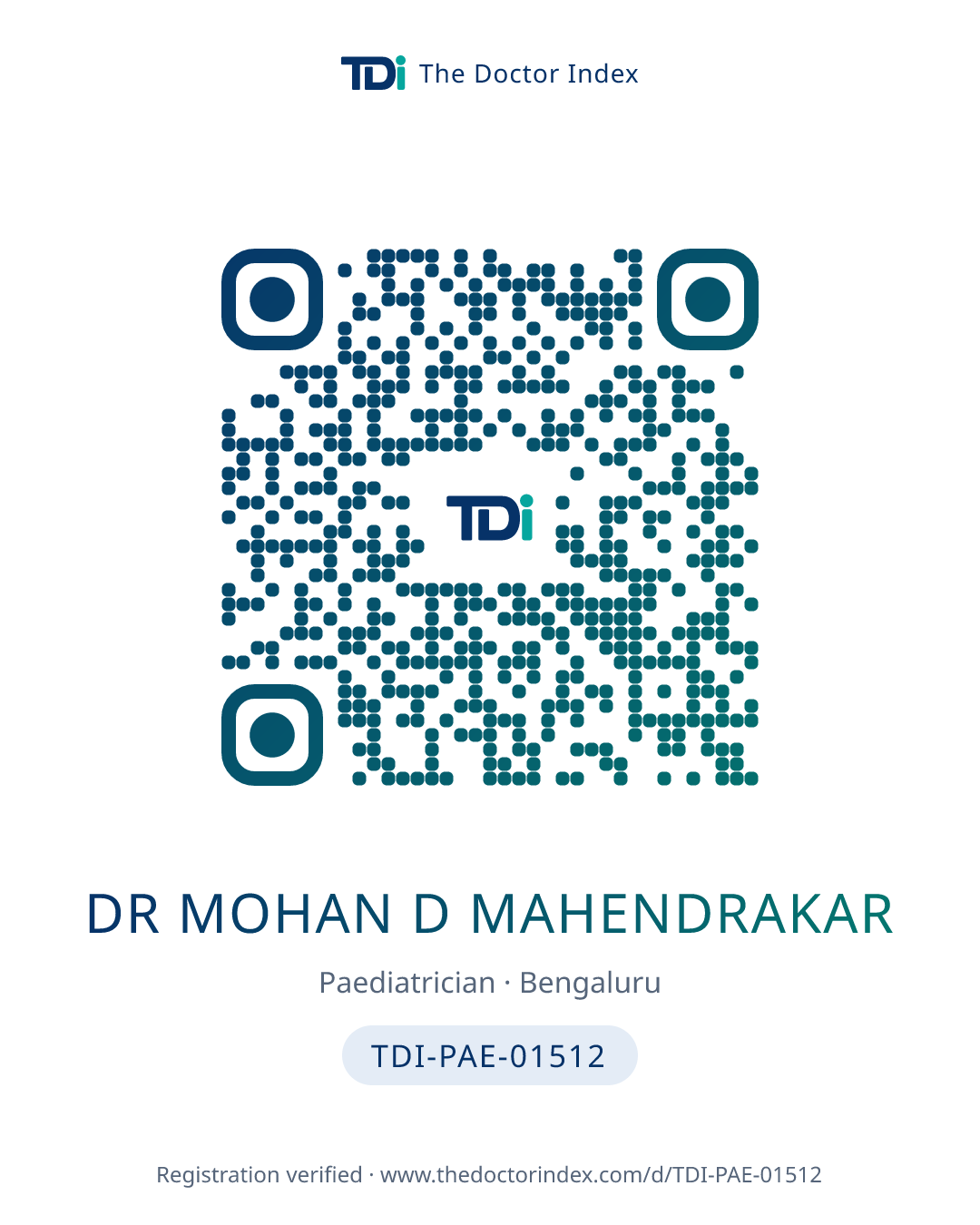 QR card for Dr Mohan D Mahendrakar, TDI-PAE-01512