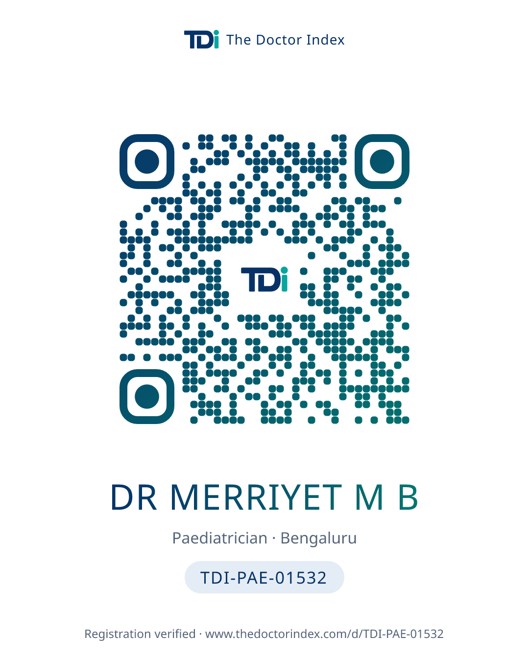 QR card for Dr Merriyet M B, TDI-PAE-01532