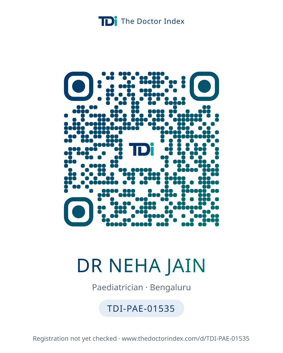 QR card for Dr Neha Jain, TDI-PAE-01535