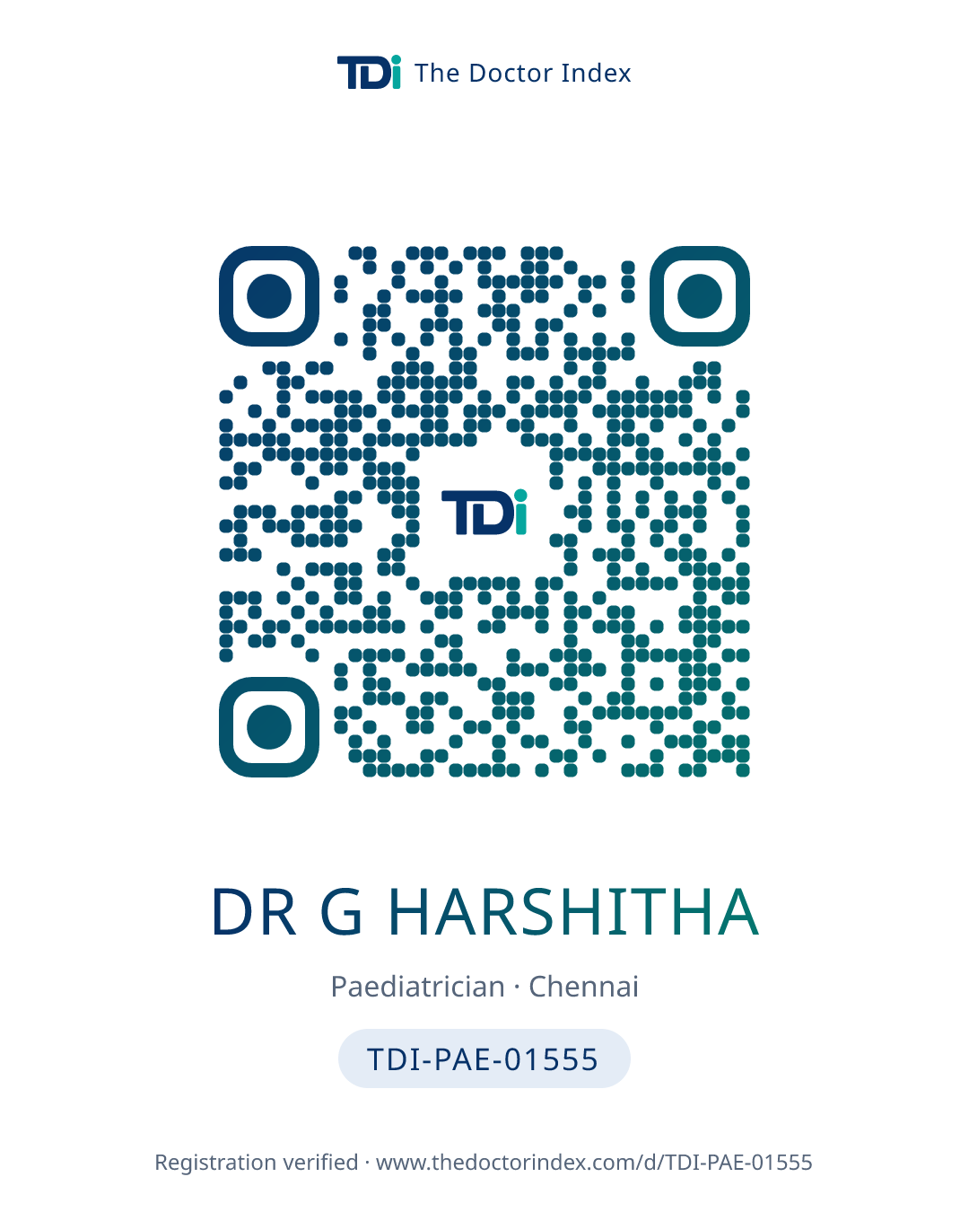QR card for Dr G Harshitha, TDI-PAE-01555