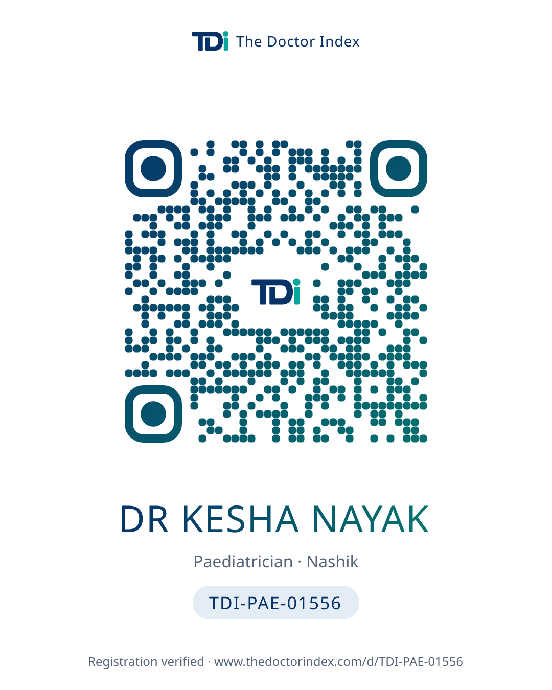 QR card for Dr Kesha Nayak, TDI-PAE-01556