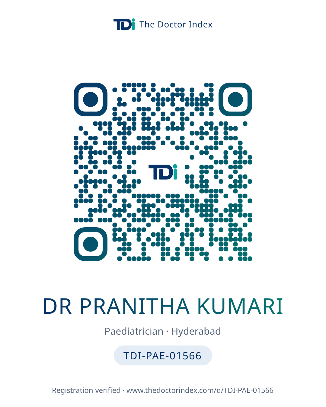 QR card for Dr Pranitha Kumari, TDI-PAE-01566