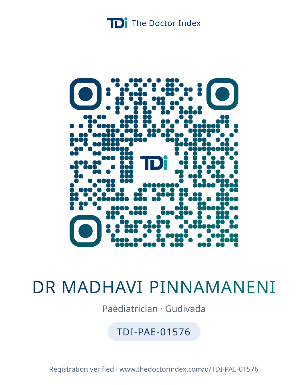 QR card for Dr Madhavi Pinnamaneni, TDI-PAE-01576