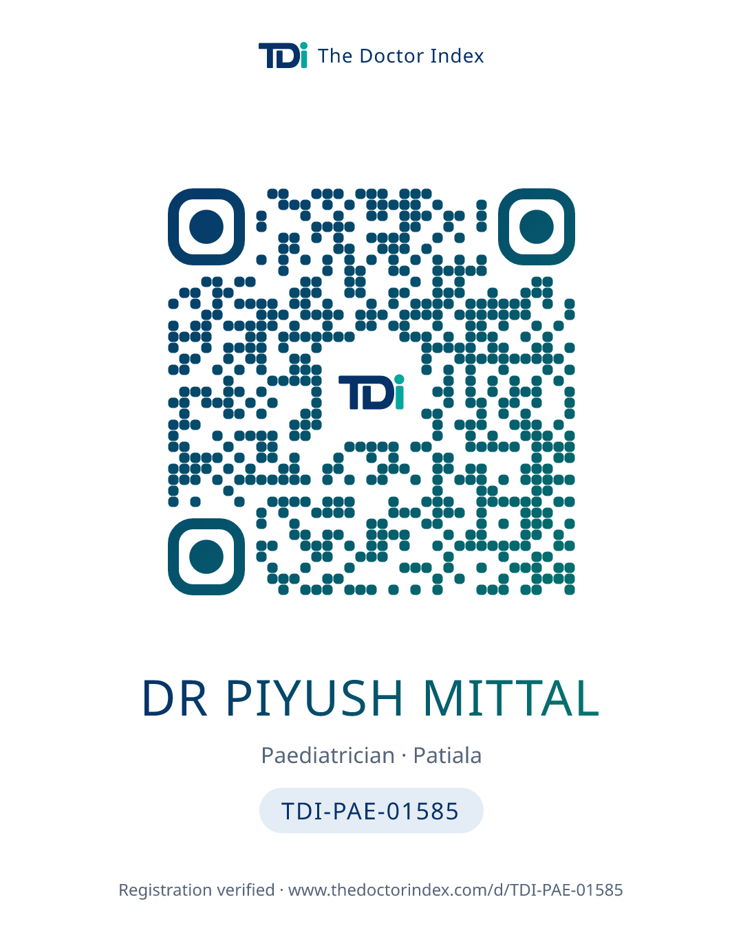 QR card for Dr Piyush Mittal, TDI-PAE-01585