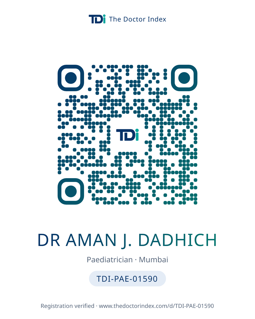QR card for Dr Aman J. Dadhich, TDI-PAE-01590