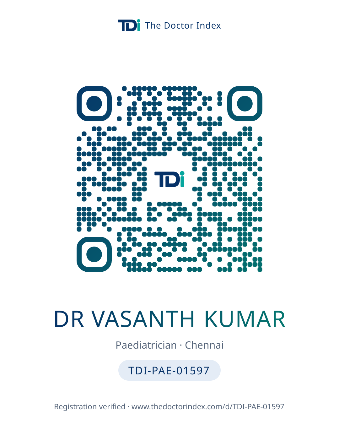 QR card for Dr Vasanth Kumar, TDI-PAE-01597