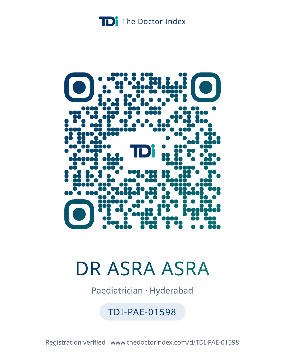 QR card for Dr Asra Asra, TDI-PAE-01598