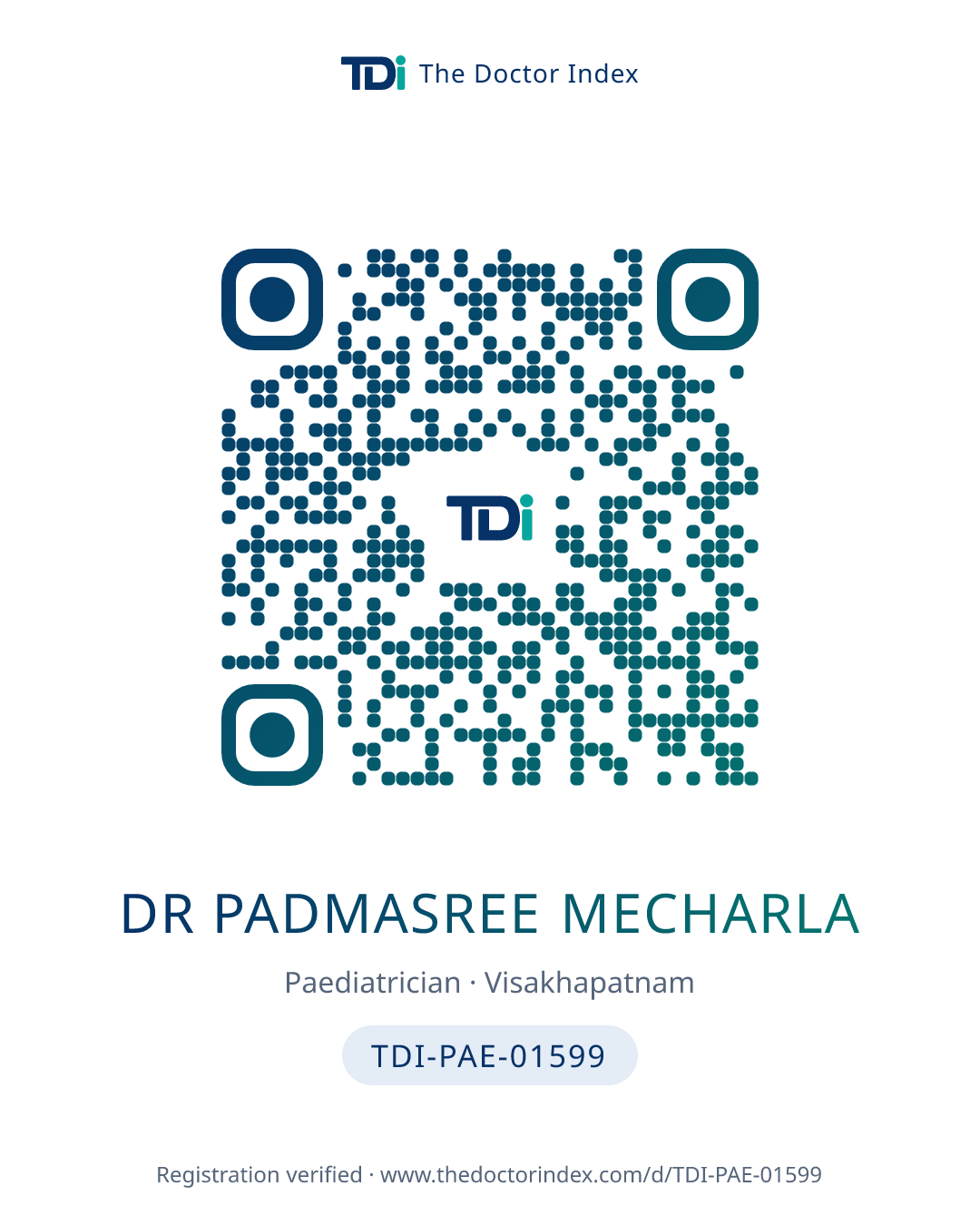 QR card for Dr Padmasree Mecharla, TDI-PAE-01599