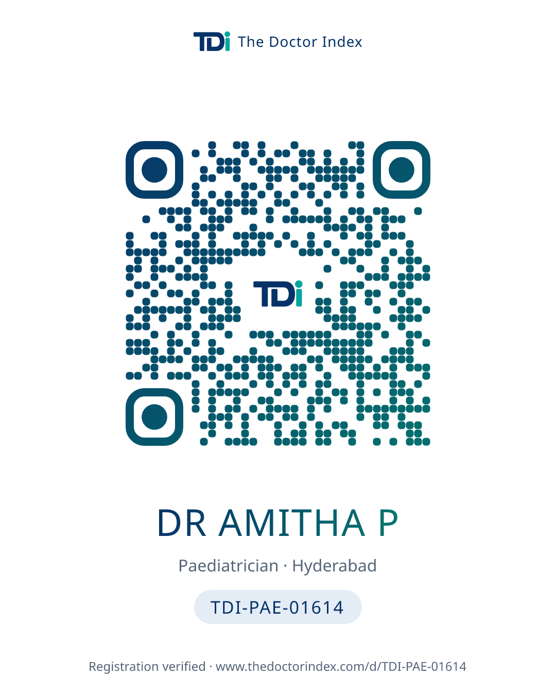 QR card for Dr Amitha P, TDI-PAE-01614