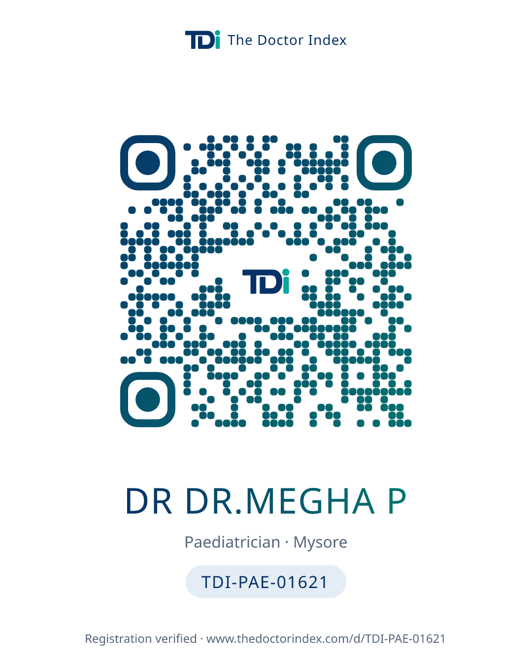 QR card for Dr Dr.megha P, TDI-PAE-01621