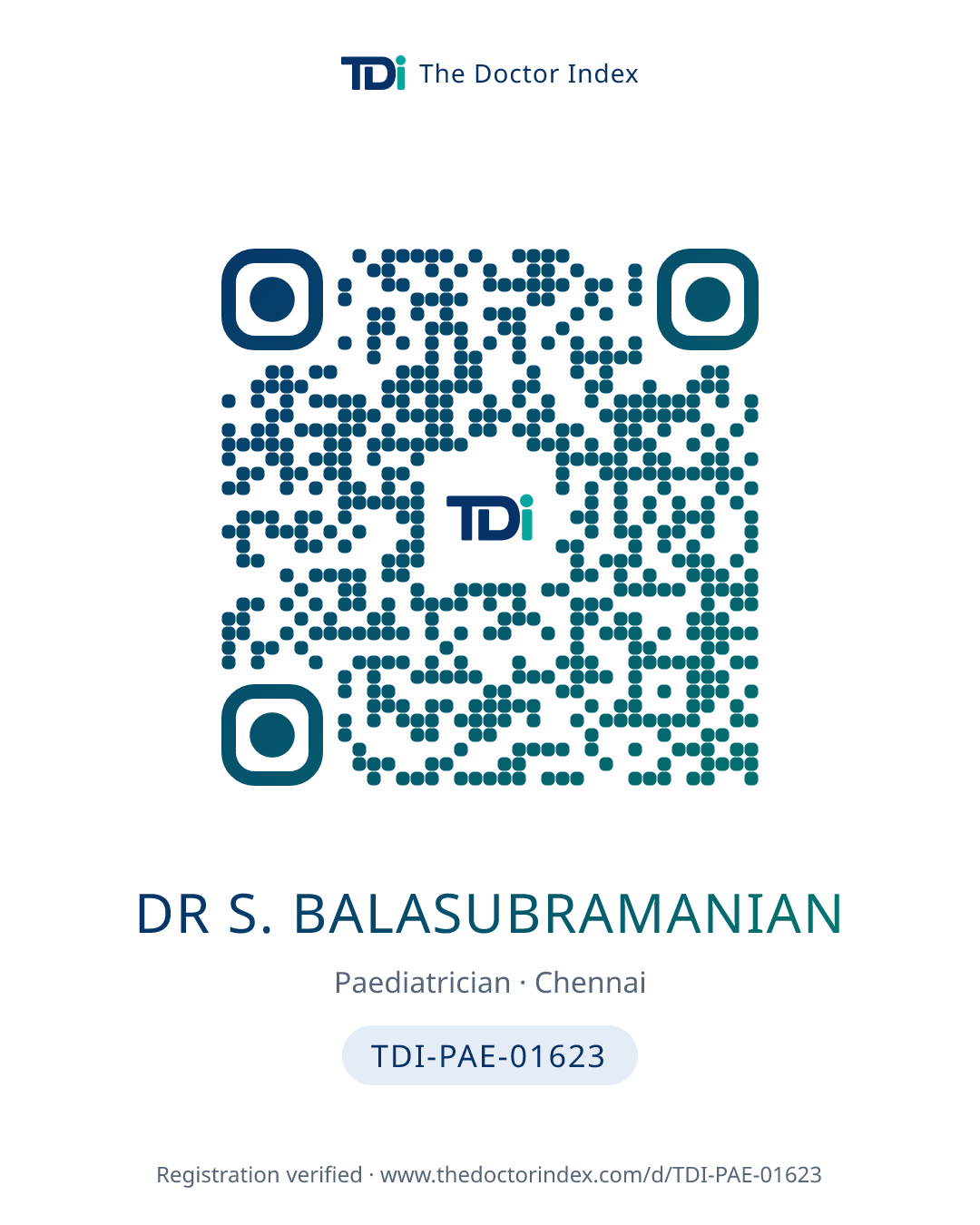 QR card for Dr S. Balasubramanian, TDI-PAE-01623