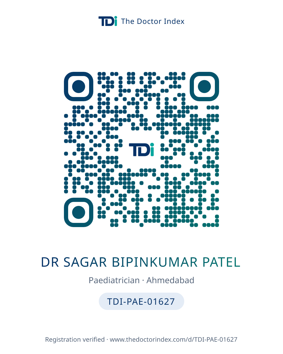 QR card for Dr Sagar Bipinkumar Patel, TDI-PAE-01627