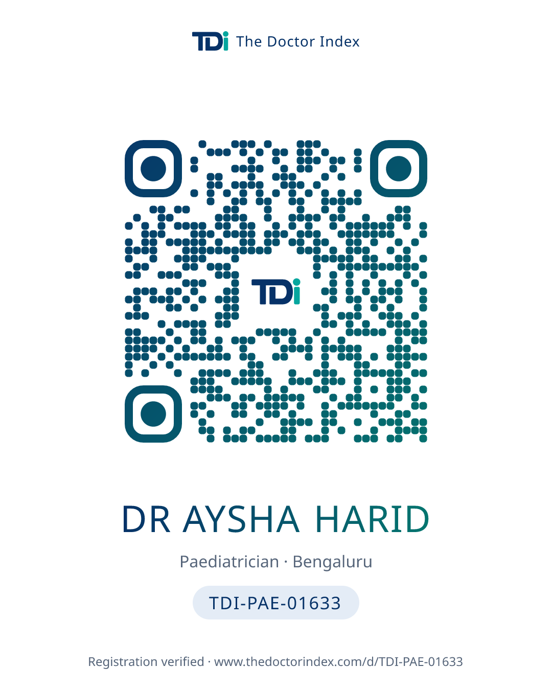 QR card for Dr Aysha Harid, TDI-PAE-01633