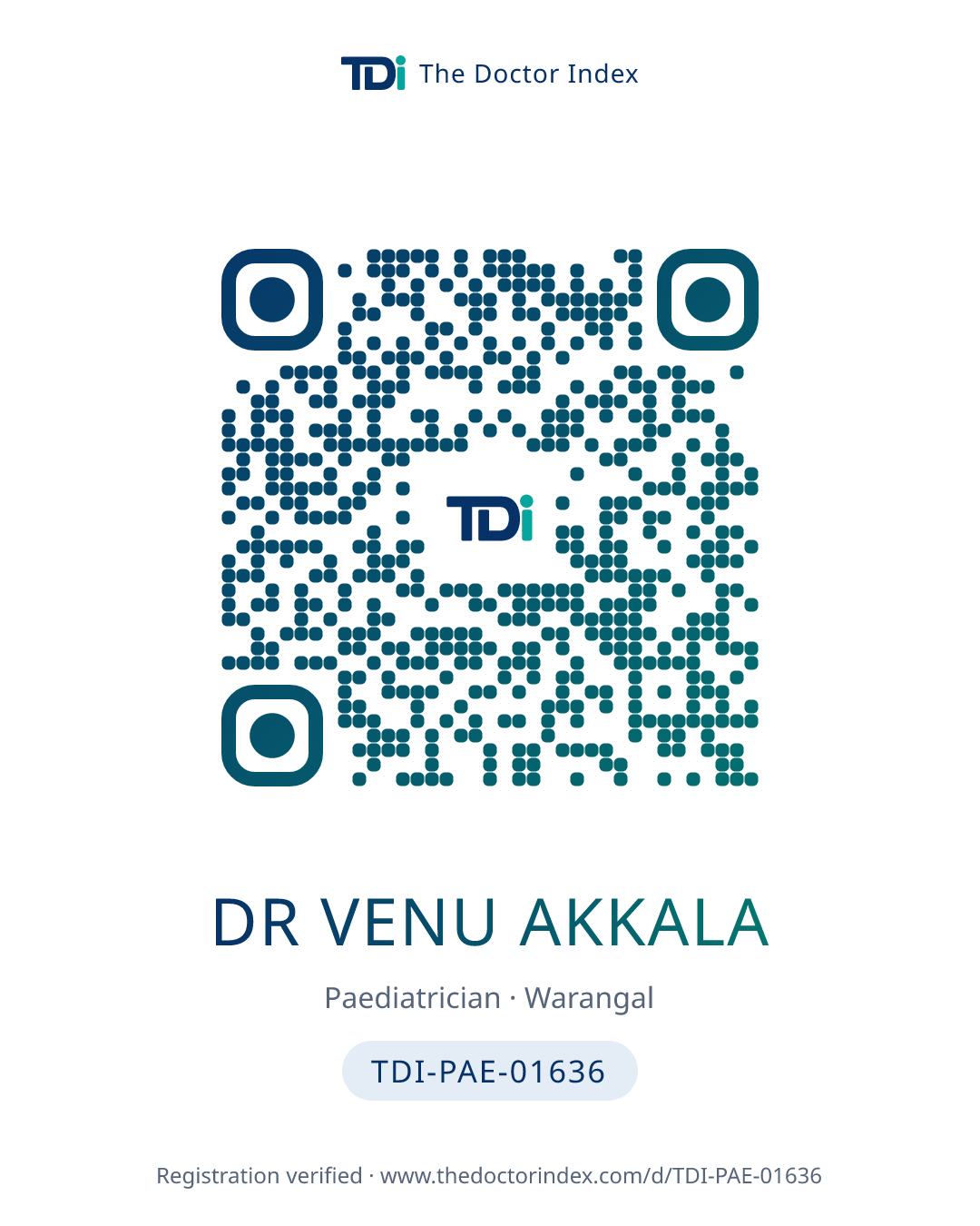 QR card for Dr Venu Akkala, TDI-PAE-01636