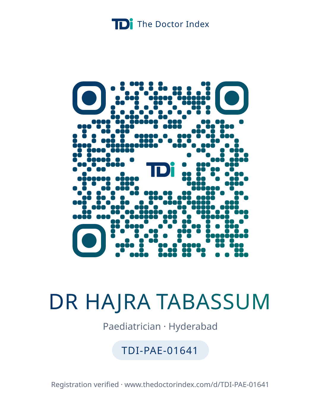 QR card for Dr Hajra Tabassum, TDI-PAE-01641