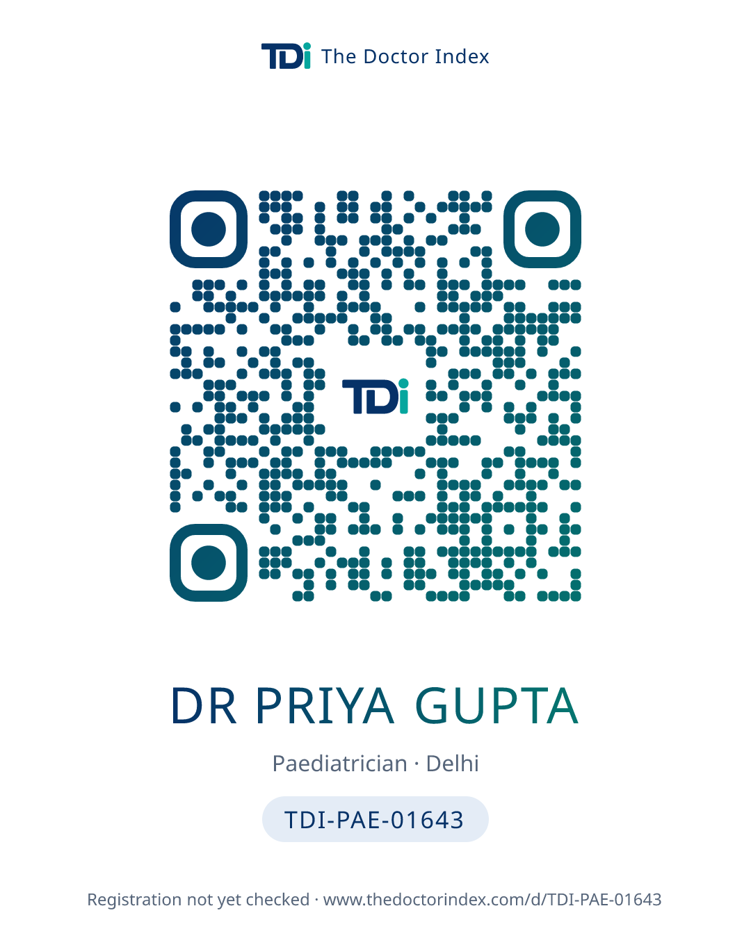 QR card for Dr Priya Gupta, TDI-PAE-01643