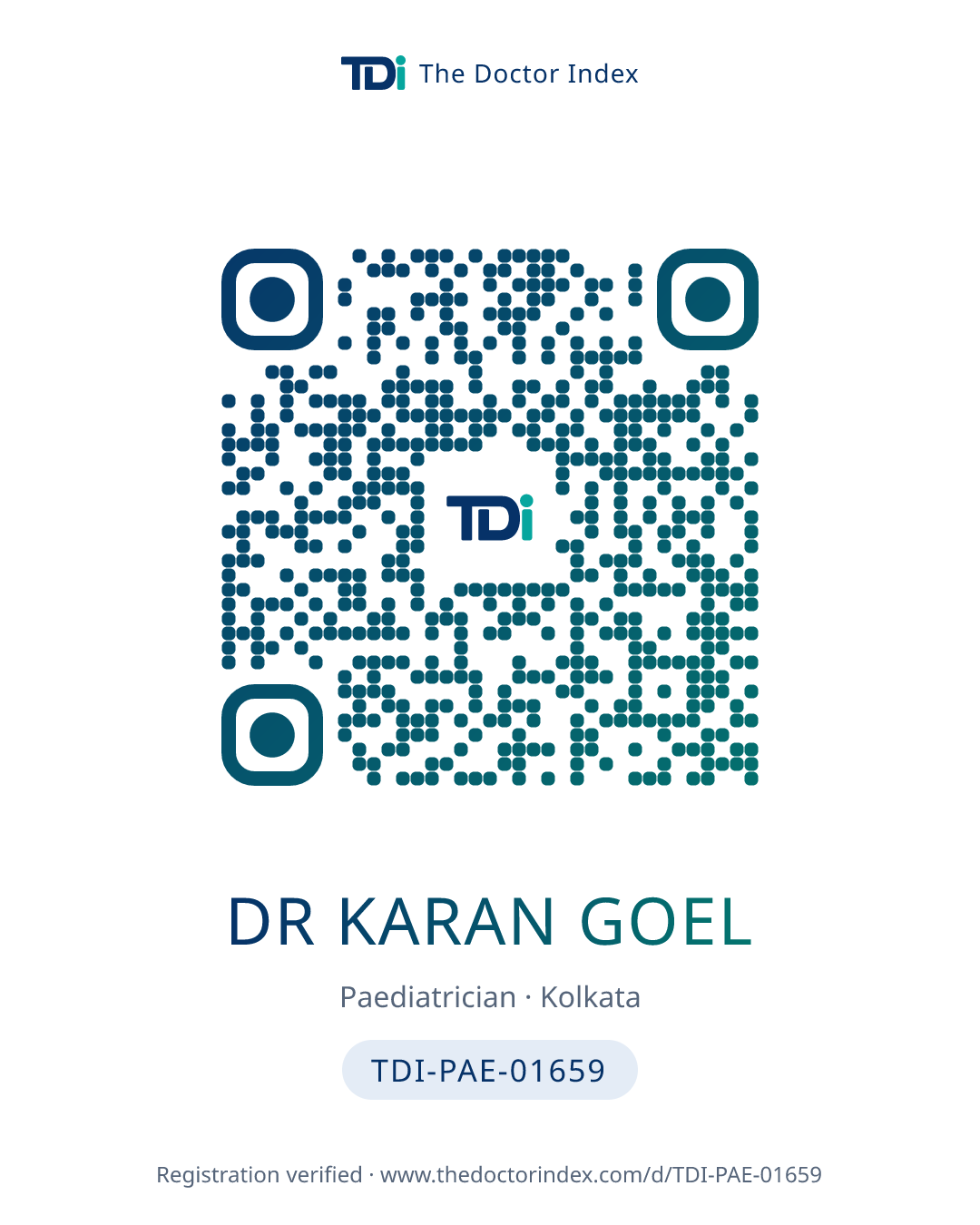 QR card for Dr Karan Goel, TDI-PAE-01659