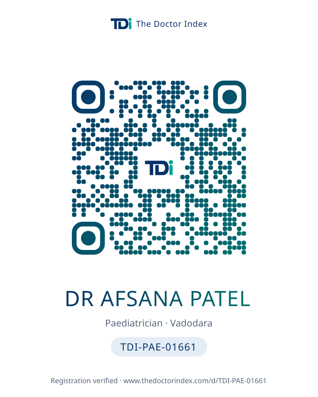 QR card for Dr Afsana Patel, TDI-PAE-01661